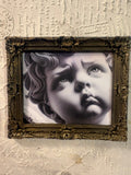 Cadre en plâtre de résine Shabby Chic PL032 — Ange Rebelle, portrait noir et blanc au clair-obscur dramatique dans un cadre baroque aux ornements dorés vieillis