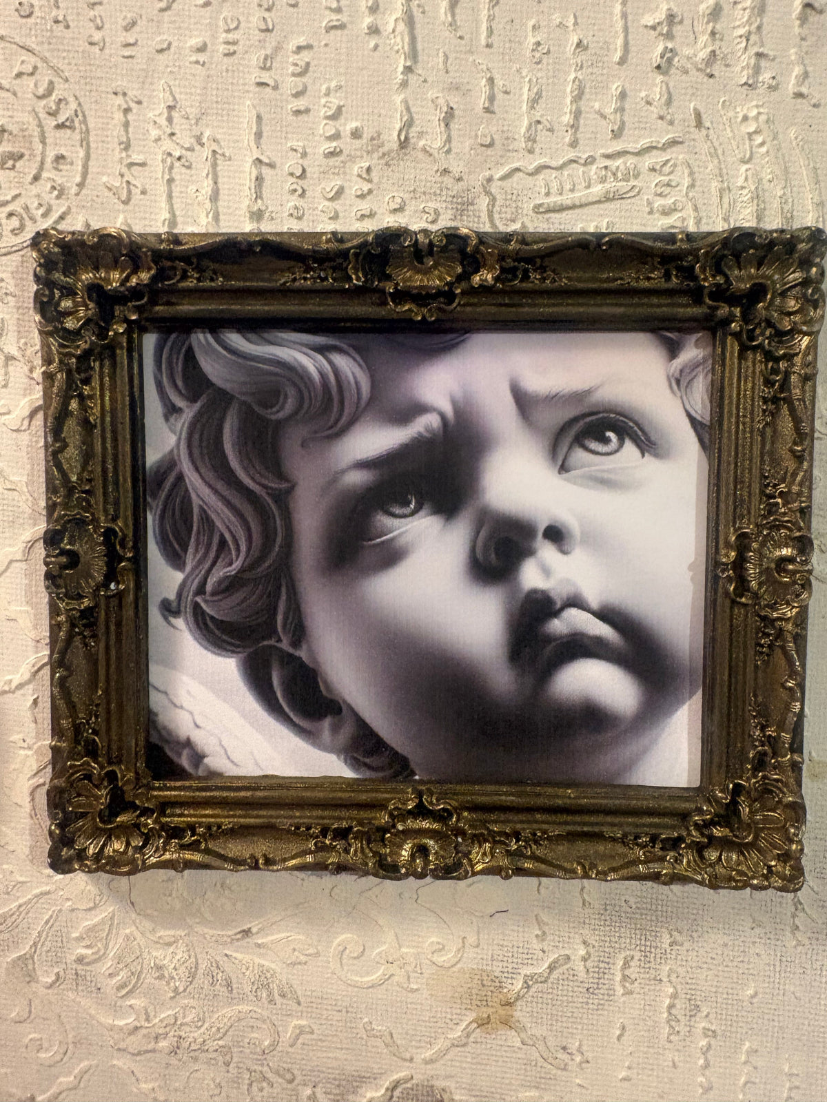 Cadre en plâtre de résine Shabby Chic PL032 — Ange Rebelle, portrait noir et blanc au clair-obscur dramatique dans un cadre baroque aux ornements dorés vieillis